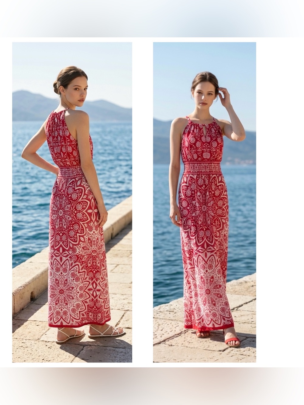 B Calm Women’s Sz L Red Printed Halter Maxi Dress keyhole back Red White
